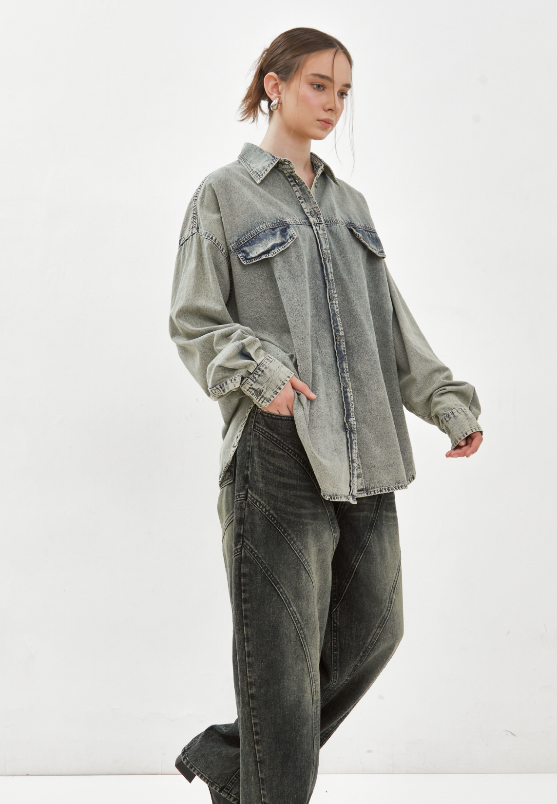 Snow Wash Denim Overshirt (7966047666355) (7966202233011)