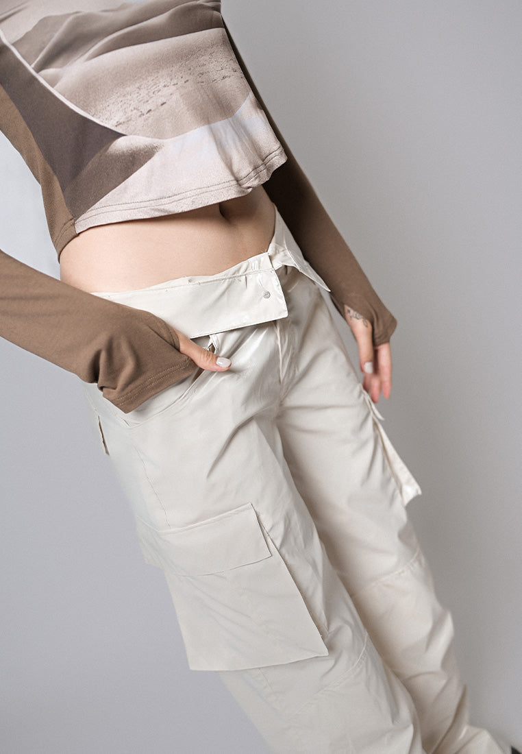 Double Waist Cargo Leather Pants - Beige (7402553835699)