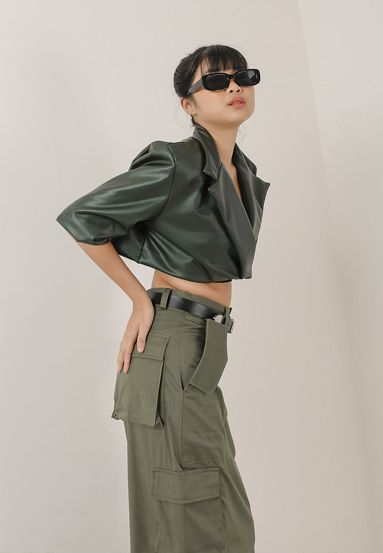 Lisa Leather Crop Blazer in Army (7256155029683)