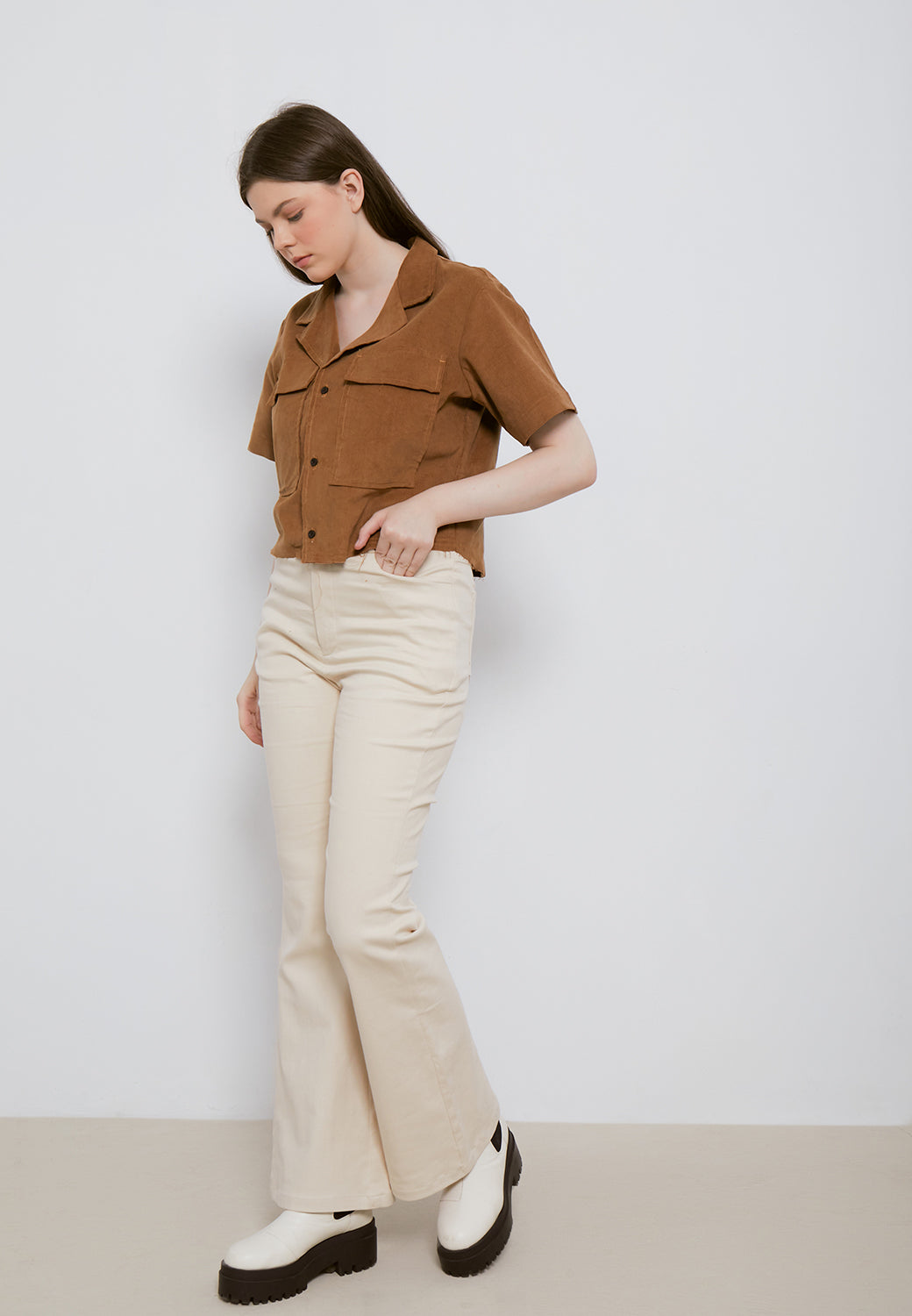 High Waisted Flared Trousers - Beige (6980544463027)
