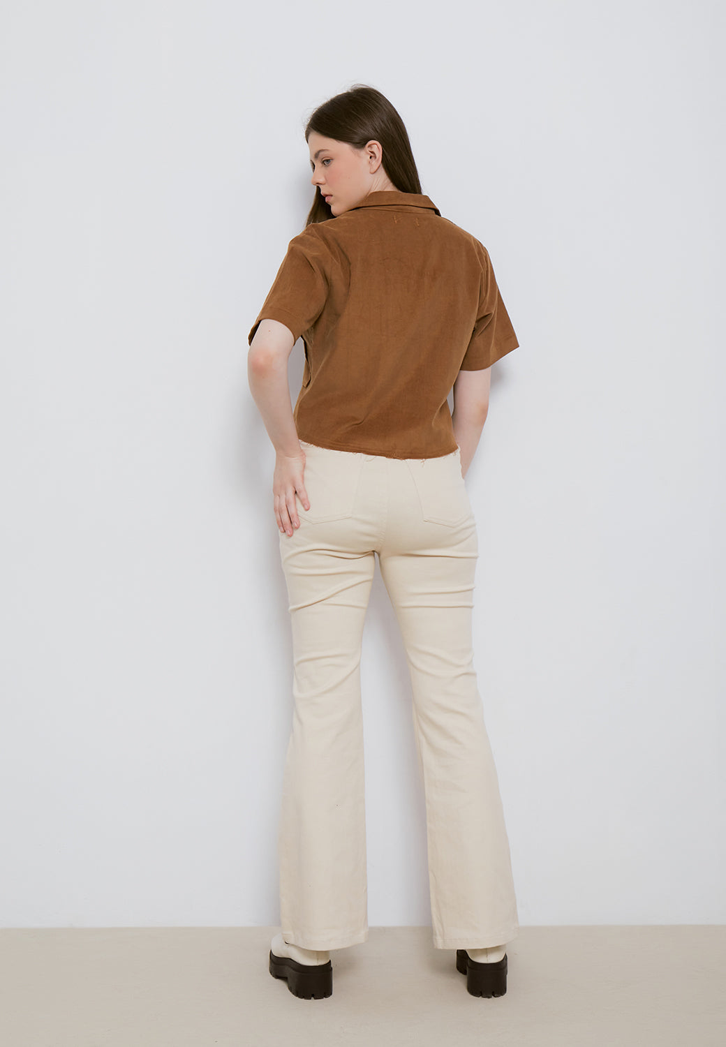 High Waisted Flared Trousers - Beige (6980544463027)