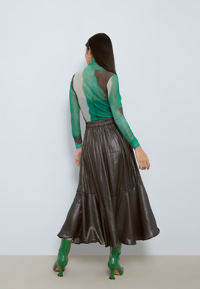 Dark Grey Sateen Leather Midi Skirt (6992737665203)