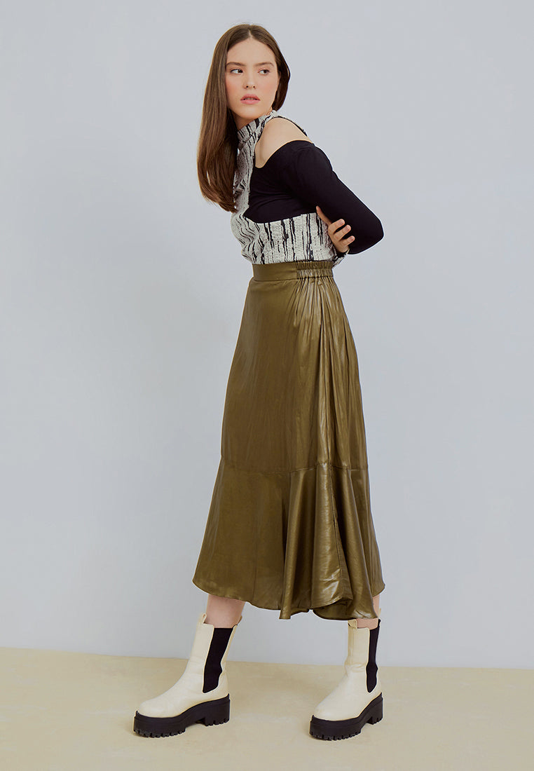 Olive Sateen Leather Midi Skirt (6601671147699)