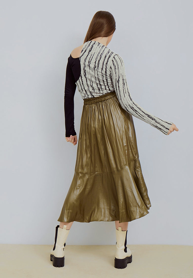 Olive Sateen Leather Midi Skirt (6601671147699)
