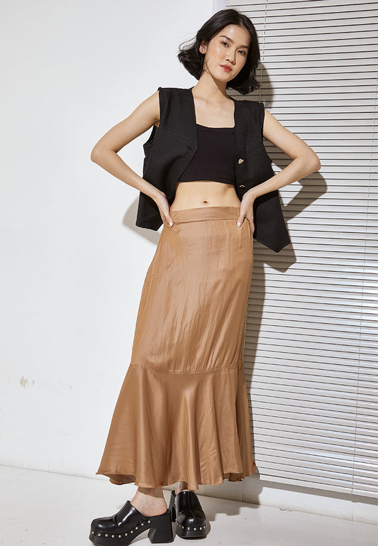 Brown Sateen Leather Midi Skirt (6974945919155)