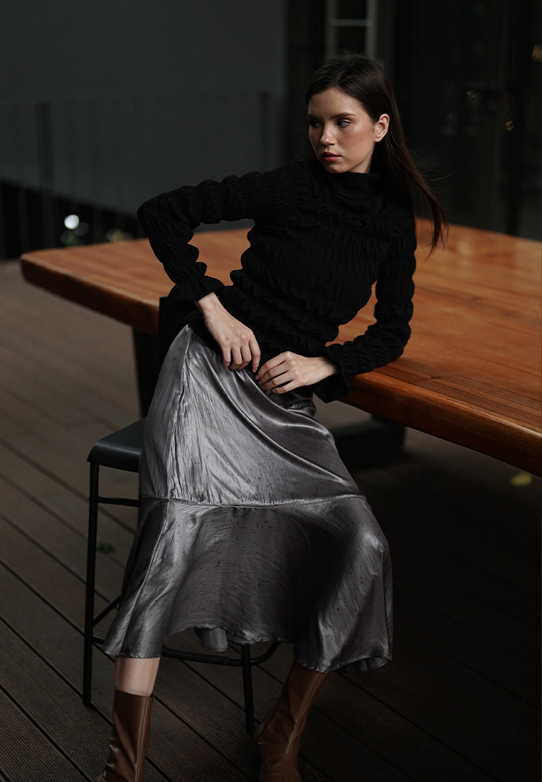 Grey Sateen Leather Midi Skirt (7222630023347)