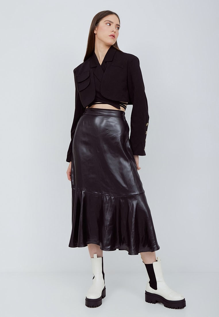 Black Sateen Leather Midi Skirt (6659572170931)