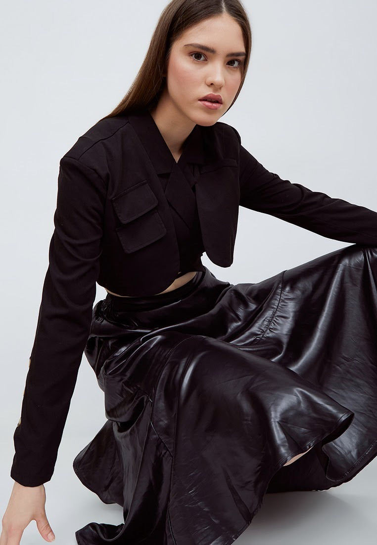 Black Sateen Leather Midi Skirt (6659572170931)